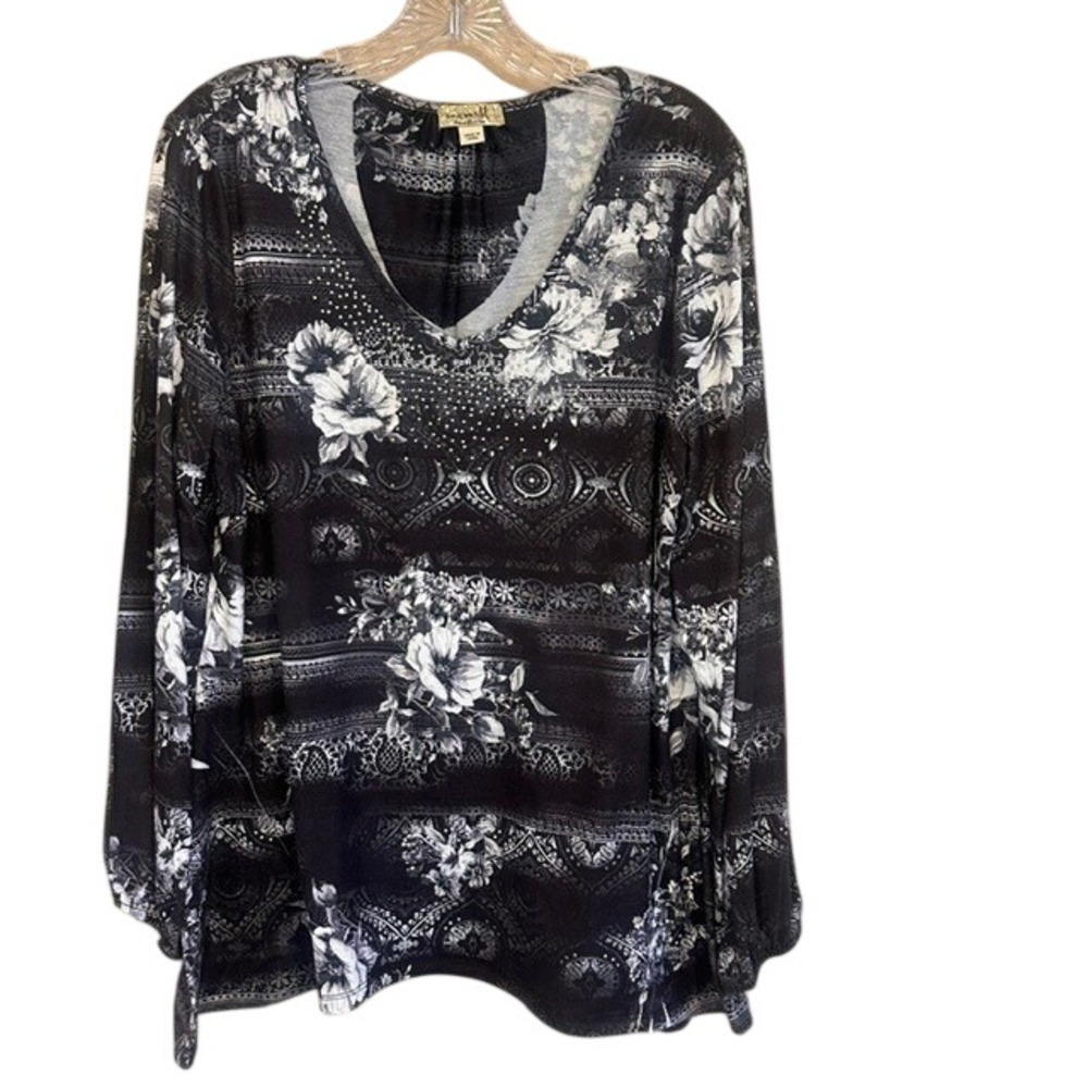 One World Women's‎ Black White V-Neck Tunic Long Sleeve Rhinestone Blouse LG